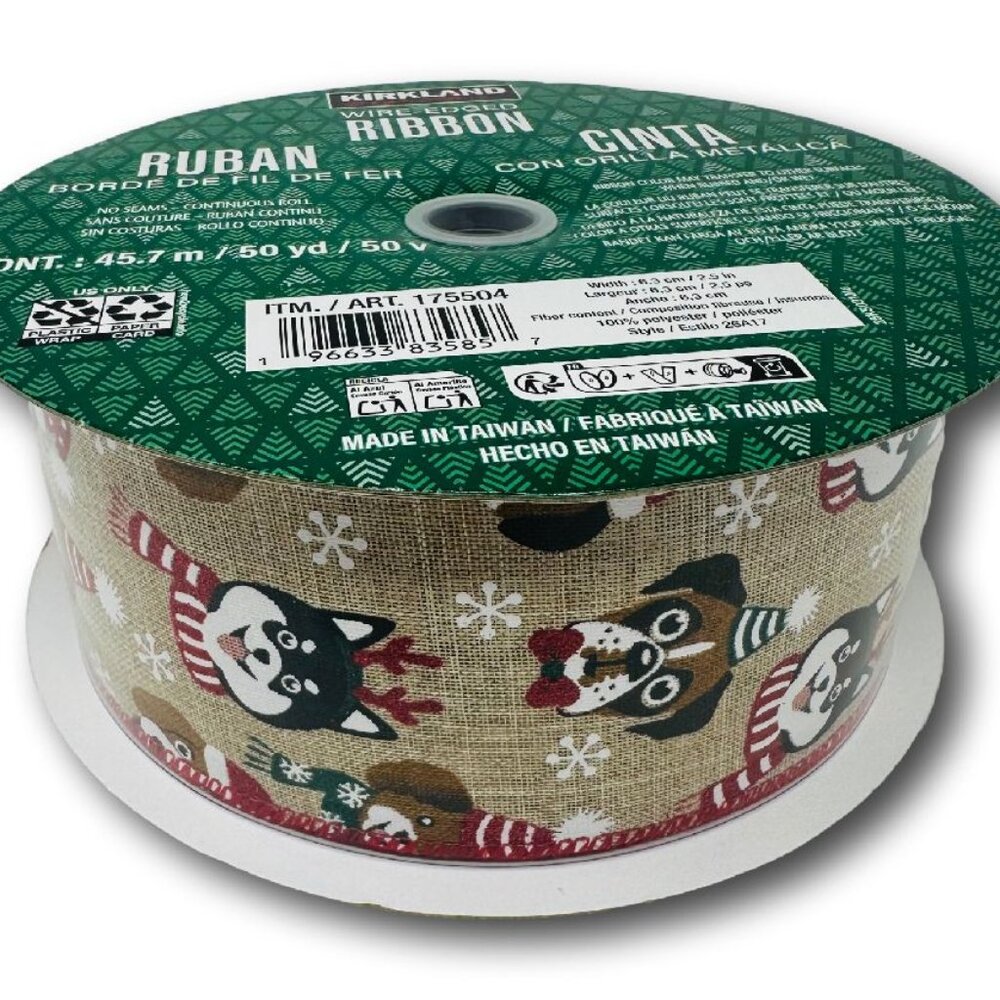 Kirkland Christmas Wire-Edged Ribbon Dogs Scarves Puppies Pets 2.5" wide 50 yard